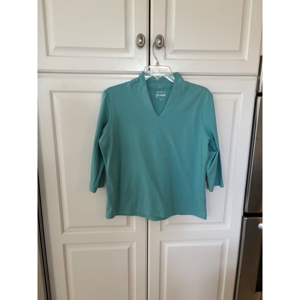 Norm Thompson Prima Cotton Teal Blue V-Neck 3/4 Sleeve Knit Top Womens M/P